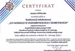 Dyplomy i certyfikaty Joanna Wiktorska Endokrynolog Łódź