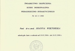Dyplomy i certyfikaty Joanna Wiktorska Endokrynolog Łódź