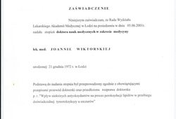 Dyplomy i certyfikaty Joanna Wiktorska Endokrynolog Łódź