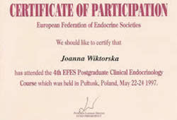 Dyplomy i certyfikaty Joanna Wiktorska Endokrynolog Łódź