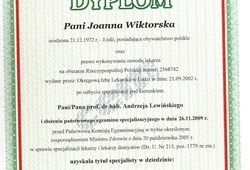 Dyplomy i certyfikaty Joanna Wiktorska Endokrynolog Łódź