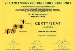 Dyplomy i certyfikaty Joanna Wiktorska Endokrynolog Łódź