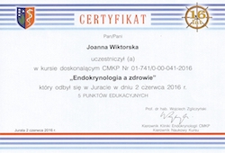 Dyplomy i certyfikaty Joanna Wiktorska Endokrynolog Łódź