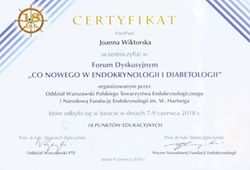 Dyplomy i certyfikaty Joanna Wiktorska Endokrynolog Łódź