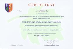 Dyplomy i certyfikaty Joanna Wiktorska Endokrynolog Łódź