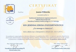 Dyplomy i certyfikaty Joanna Wiktorska Endokrynolog Łódź