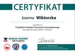 Dyplomy i certyfikaty Joanna Wiktorska Endokrynolog Łódź