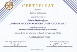 Dyplomy i certyfikaty Joanna Wiktorska Endokrynolog Łódź