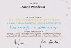 Dyplomy i certyfikaty Joanna Wiktorska Endokrynolog Łódź