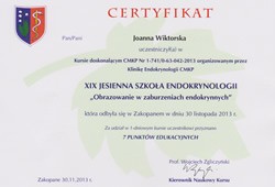Dyplomy i certyfikaty Joanna Wiktorska Endokrynolog Łódź