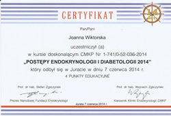Dyplomy i certyfikaty Joanna Wiktorska Endokrynolog Łódź