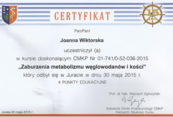 Dyplomy i certyfikaty Joanna Wiktorska Endokrynolog Łódź