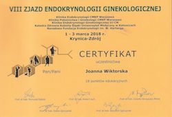 Dyplomy i certyfikaty Joanna Wiktorska Endokrynolog Łódź