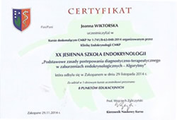 Dyplomy i certyfikaty Joanna Wiktorska Endokrynolog Łódź
